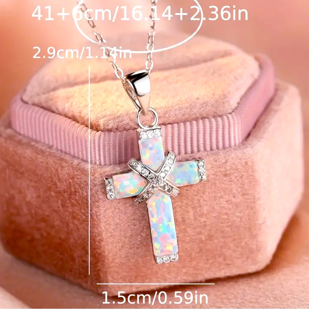 Elegant Silver Opal Cross Necklace NWOT - Picture 3 of 3